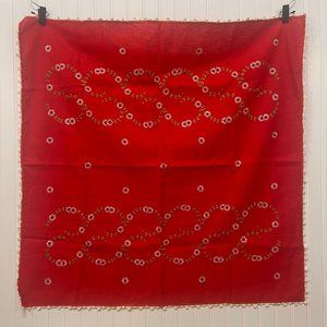 Vintage Woolen Hand Embroidered Red Floral Table Cloth Square 36" X 34.5"